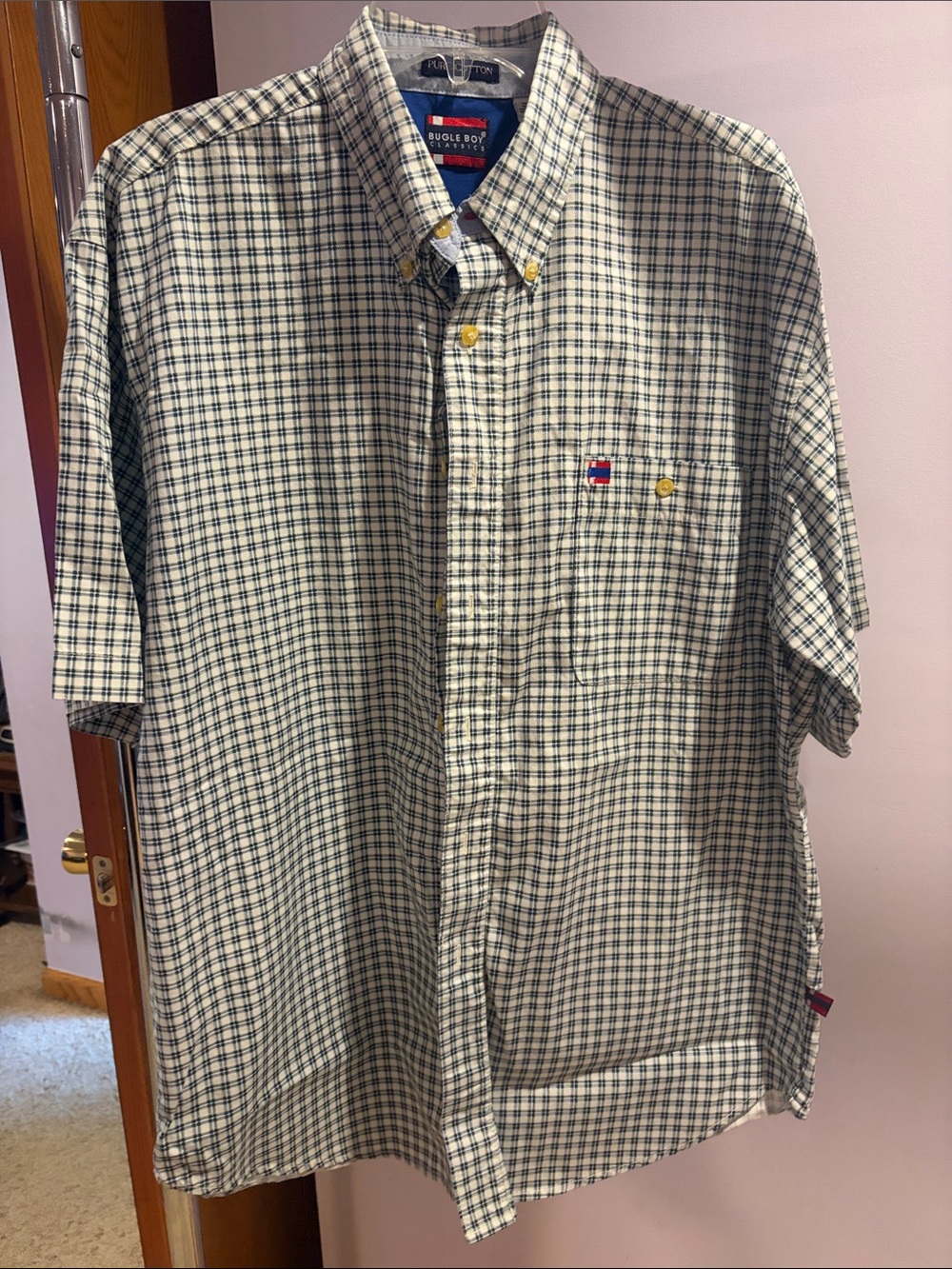Vintage Bugle Boy White and Green Plaid Short-Sleeve Button-Down Shirt